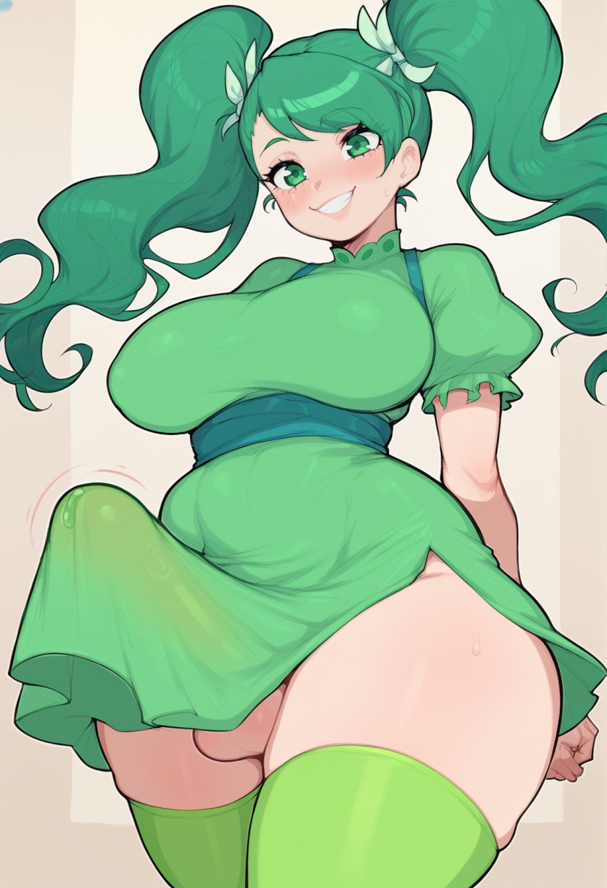 ai_generated big_breasts big_penis futanari green_eyes green_hair large_penis looking_at_viewer medium_breasts smile testicles thick_thighs twintails twintails wide_hips