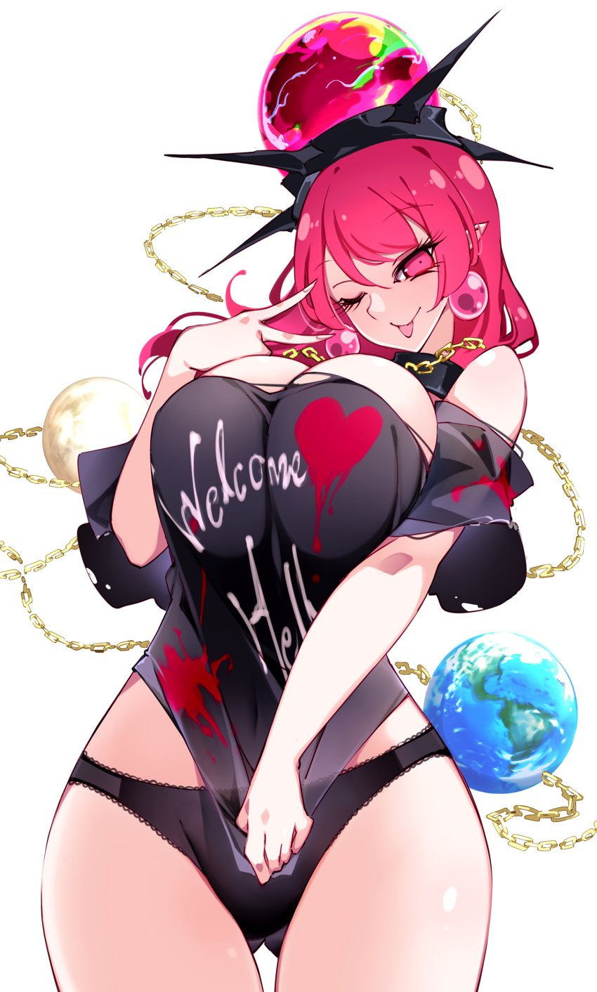 1girls black_panties breasts breasts_squeezed_together cleavage curvy goddess hecatia_lapislazuli large_breasts panties peace_sign raptor7 red_eyes red_hair shirt thighs tongue_out torn_clothes touhou v wide_hips wink winking_at_viewer