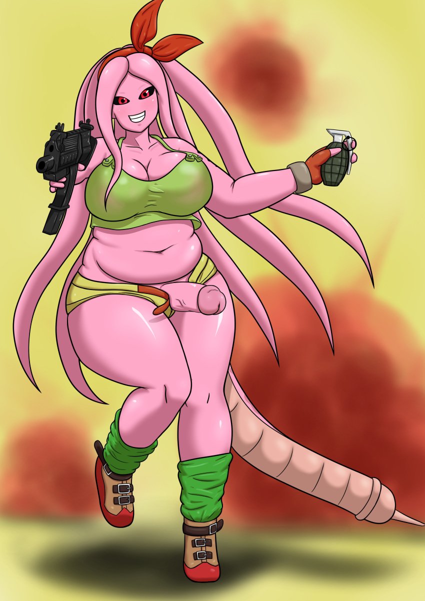 big_breasts breasts chubby chubby_futanari cleavage cosplay crop_top dragon_ball futa_only futanari grenade hair_ribbon hamilton4 holding_weapon huge_breasts long_hair looking_at_viewer lunch_(dragon_ball) machine_gun majin_muchi_(hamilton4) penis red_ribbon ribbon shoes short_shorts shorts solo tail tentacle_hair thick_thighs very_long_hair