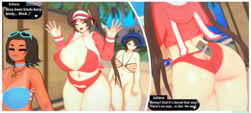 3d bikini gym_trainer_(hulbury_stadium) juliana_(pokemon) koikashura koikatsu koikatsu_(medium) money_in_underwear pokemon pokemon_bw pokemon_ss pokemon_sv rosa_(pokemon) tagme tagme_(character)