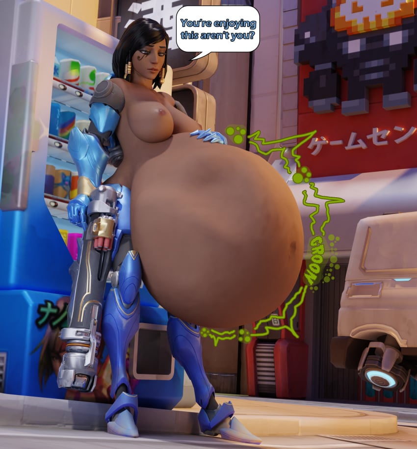 armor armored_female belly belly_bulge big_belly big_belly_bulge big_breasts black_body black_hair_female breasts commission dark-skinned_female dark_skin digestion digestion_noises dudewow_(artist) fareeha_amari oral_vore overwatch overwatch_2 pharah semi-willing soft_vore topless topless_female vore vore_belly willing_pred