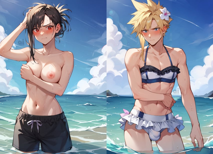 1boy ai_assisted ai_couture ai_generated beach bikini black_hair blonde_hair blue_eyes blush both_sexes_in_same_situation bulge bulge_through_clothing cloud_strife covering_breasts crossdressing crossdressing_female crossdressing_male embarrassed embarrassed_female embarrassed_nude_male female final_fantasy final_fantasy_vii final_fantasy_vii_rebirth final_fantasy_vii_remake large_breasts male_swimwear_challenge nervous ocean outdoors red_eyes shy square_enix swimming_trunks tifa_lockhart topless_female water