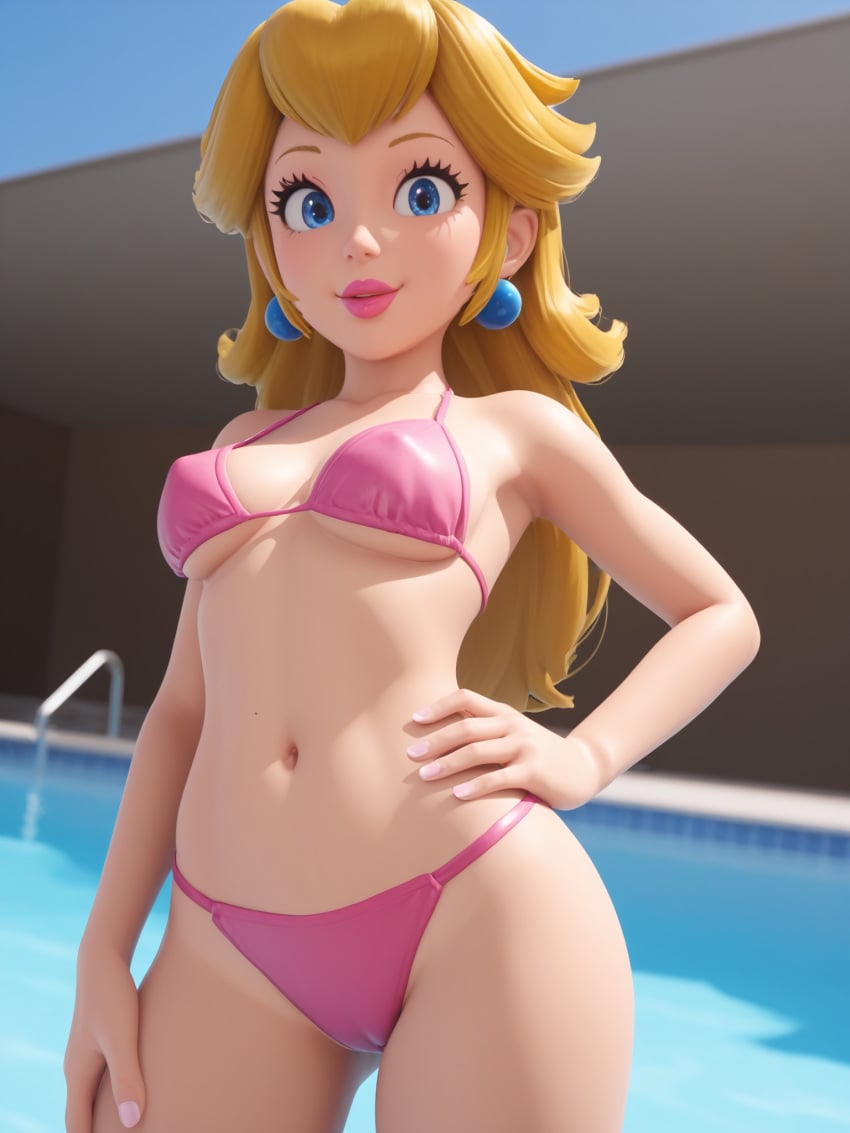 1girls ai_generated bikini blonde_hair blue_eyes breasts butts69420 earrings female female_focus female_only high_resolution highres mario_(series) natural_breasts nintendo nipples_visible_through_clothing pink_bikini poolside princess_peach stable_diffusion water