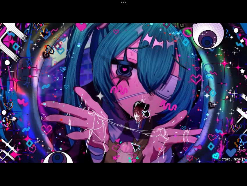 blue_hair blush cum cum_in_mouth cursor deco_27_(producer) digital_media_(artwork) dripping_cum dripping_tongue edited_image femgilla hatsune_miku heart heart-shaped_pupils penis scene yandere