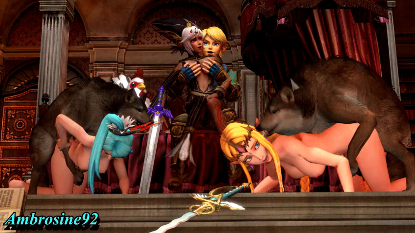 3d 3girls ambrosine92 animated bedroom bent_over book bouncing_breasts breast_grab breasts canine canopy_bed chicken cia_(the_legend_of_zelda) crown cucco defeated_heroine hyrule_warriors lana_(the_legend_of_zelda) large_breasts link link_(hyrule_warriors) mammal master_sword nintendo nude princess_zelda purple_eyes rapier sex sitting_on_lap source_filmmaker sword the_legend_of_zelda weapon wolf zelda_(hyrule_warriors) zoophilia