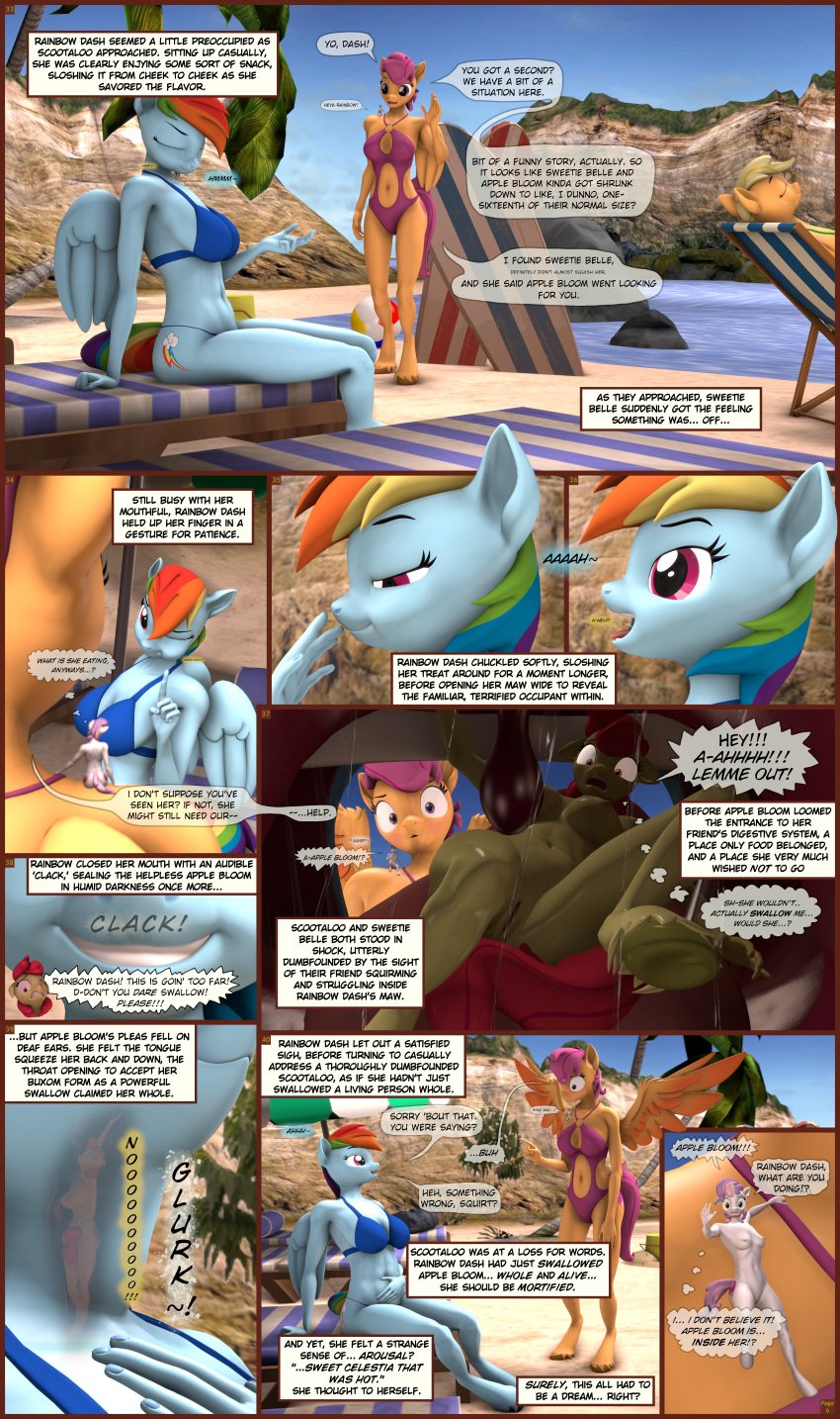 3d_(artwork) absurd_res aged_up anthro anthro_pred apple_bloom_(mlp) applejack_(mlp) beach bikini blush bodily_fluids breasts clothing comic digital_media_(artwork) english_text female female_pred friendship_is_magic genitals group hasbro hi_res hooves my_little_pony nude puffed_cheeks pussy rainbow_dash_(mlp) saliva saliva_string scootaloo_(mlp) size_difference source_filmmaker_(artwork) speech_bubble stuffguy123 surprised swallowing sweetie_belle_(mlp) swimwear text two-piece_swimsuit unguligrade unwilling_prey uvula vore