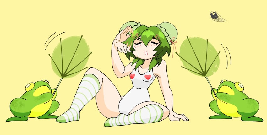 2others arm_support artist_logo borrowed_character bun_cover closed_eyes commentary covered_navel double_bun english_commentary female frog full_body green_hair green_socks hair_bun hand_fan highres holding holding_fan horizontal-striped_socks logo multiple_others one-piece_swimsuit open_mouth original qtip_xd sitting socks swimsuit two-tone_socks white_one-piece_swimsuit white_socks yellow_background