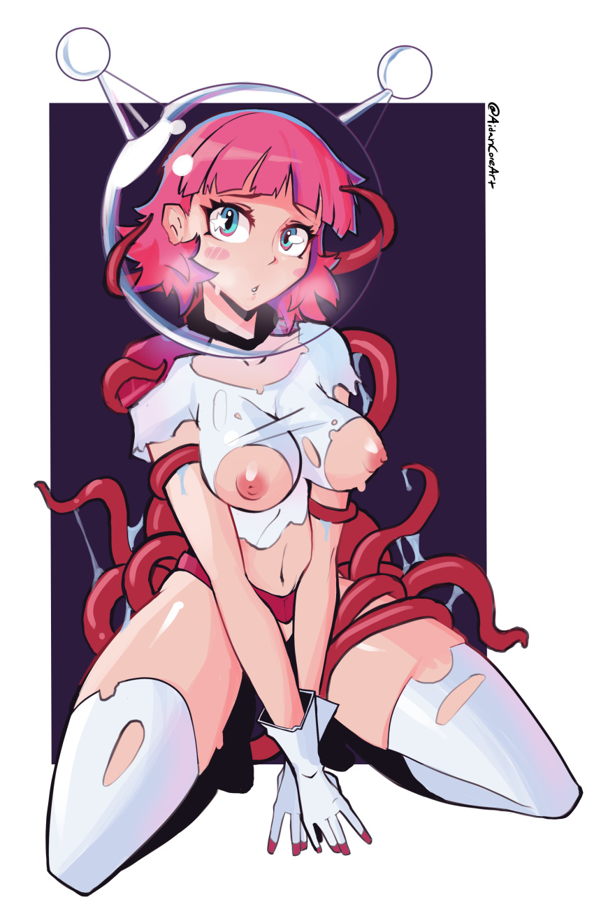 1girls aidancore blush breasts breasts_out corki_(pylons) gloves hamjam nipples original ripped_clothing ripped_skirt ripped_stockings space_helmet spacesuit tentacle tentacles_around_arms tentacles_around_legs torn_clothes torn_thighhighs