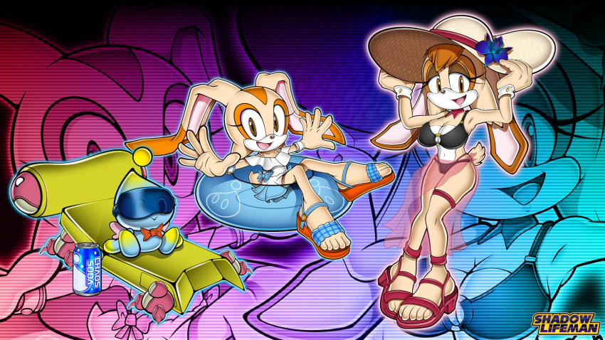 2girls accurate_art_style barefoot big_breasts bikini breasts cheese_the_chao cleavage cream_the_rabbit feet female furry humanoid_feet milf mobian_(species) sega shadowlifeman soles sonic_(series) sonic_the_hedgehog_(series) thick_thighs toes uekawa_style vanilla_the_rabbit wide_hips