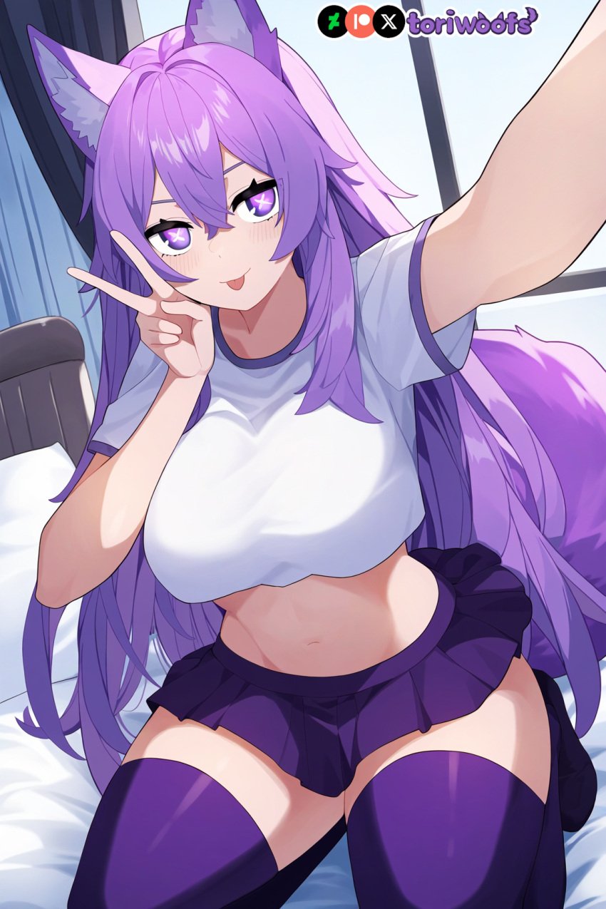 1girls :p ai_generated big_breasts breasts crop_top curvy cute dog_ears dog_girl doggirl female female_focus female_only highres hips huge_boobs huge_breasts kemonomimi light_skin light_skinned_female long_hair patreon_username peace_sign petgirl petite purple_ears purple_eyes purple_hair purple_tail self_upload selfie skirt thick_thighs thighhighs thighs tori toriwoofs watermark wavy_hair white_skin white_skinned_female wide_hips wolf_ears