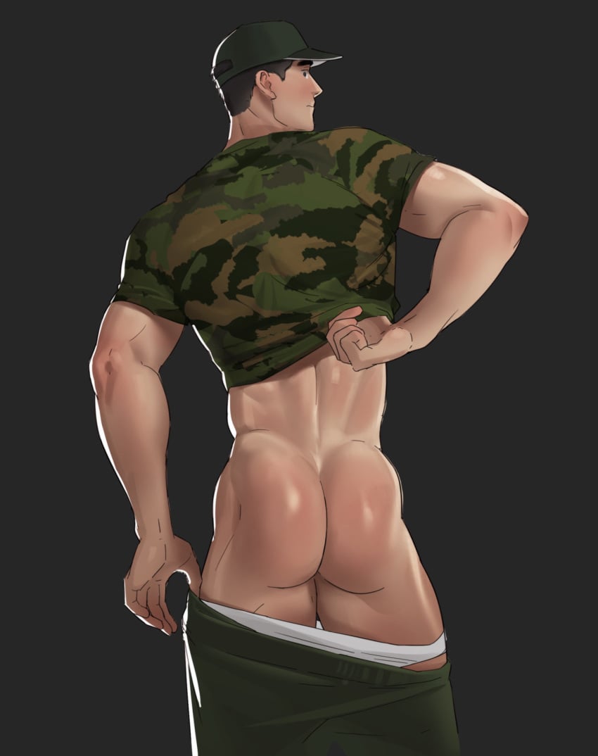 1boy ass ass_exposed back_view bara big_ass big_butt blush briefs briefs_down camouflage_shirt cap clothed clothing dat_ass green_cap green_pants grey_background human human_only light-skinned_male light_skin male male_only manly military military_cap military_uniform muscles muscular muscular_ass muscular_back muscular_male naoki_(xhju8282) pants pants_down shirt shirt_lift shirt_up simple_background solo solo_focus solo_male standing tighty_whities underwear underwear_down undressing white_briefs white_underwear