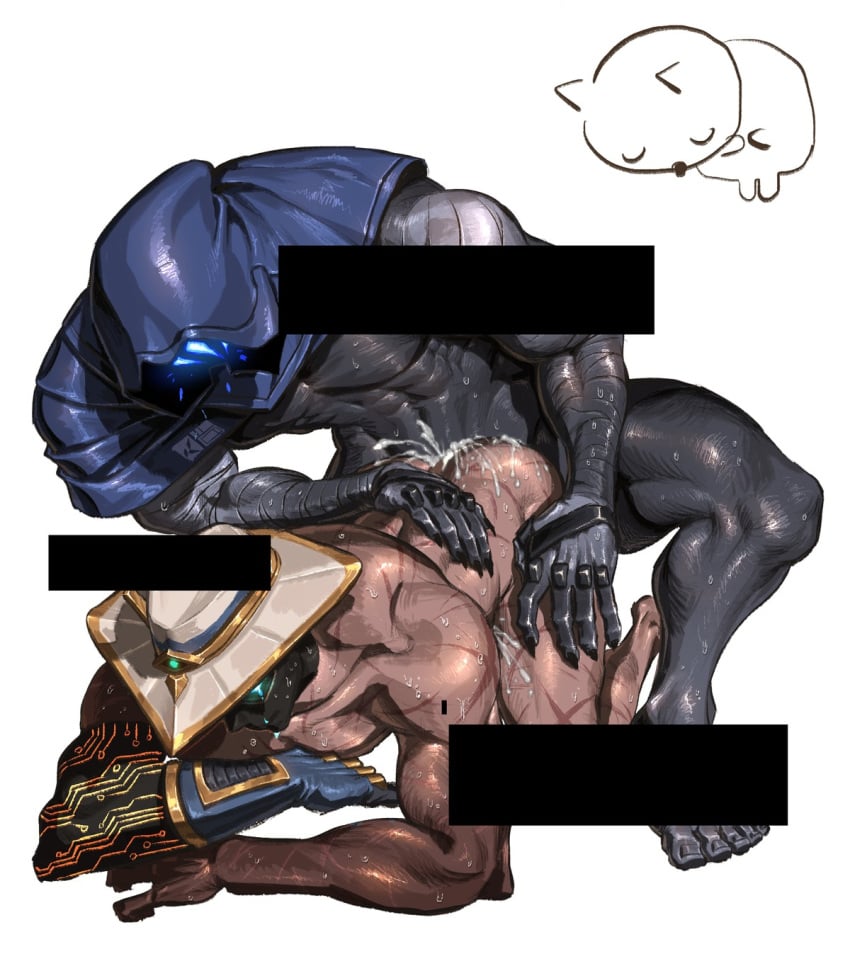 anal anal_sex black_bars censor_bar censored crying crying_while_penetrated cum cum_drip cum_in_ass cum_inside cypher_(valorant) drawing excessive_cum gay high_resolution highres hood male/male male_only masked masked_male muscular muscular_male no_visible_genitalia omen_(valorant) sweat sweating