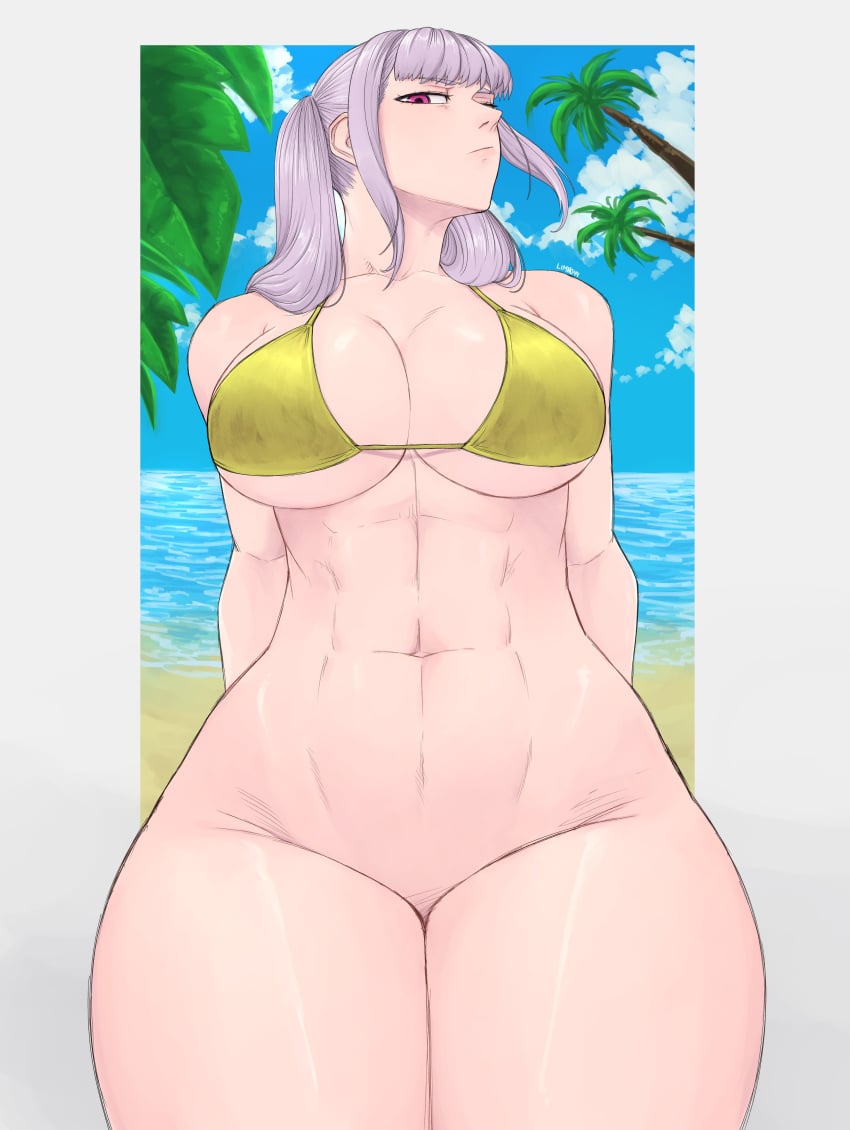 1girls abs angry annoyed beach big_breasts bikini bikini_top black_clover bottomless breasts glaring hi_res large_breasts limn044 looking_at_viewer muscular muscular_female no_panties noelle_silva outdoors purple_eyes silver_hair thick_thighs thighs toned toned_female twintails wide_hips