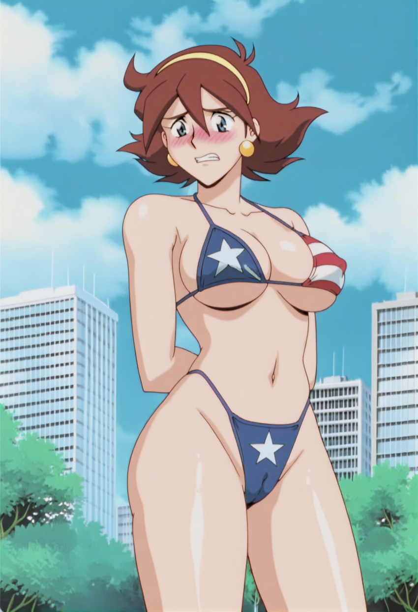 1female 1girls ai_assisted american_flag_bikini bikini bikini_bottom bikini_top breasts commentary_request english_commentary female female_only hi_res highres light_skin mobile_suit_gundam rain_mikamura very_high_resolution