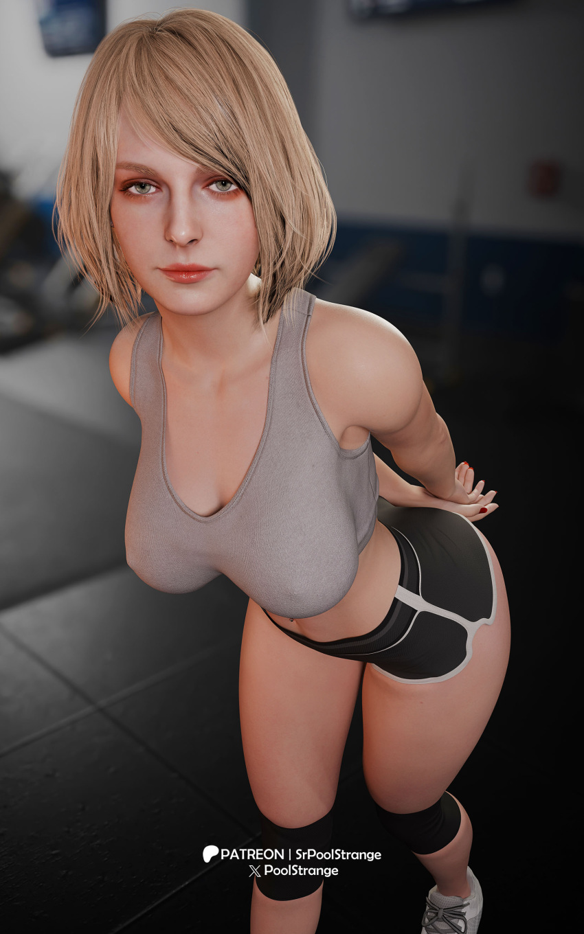 1girls 3d ashley_graham ashley_graham_(ella_freya) blonde_hair busty dolphin_shorts erect_nipples female female_focus female_only hi_res hourglass_figure human knee_pads light-skinned_female light_skin looking_at_viewer medium_hair navel_piercing nipple_bulge resident_evil resident_evil_4 resident_evil_4_remake shoes shorts sneakers solo sportswear srpoolstrange straight_hair thighs wide_hips