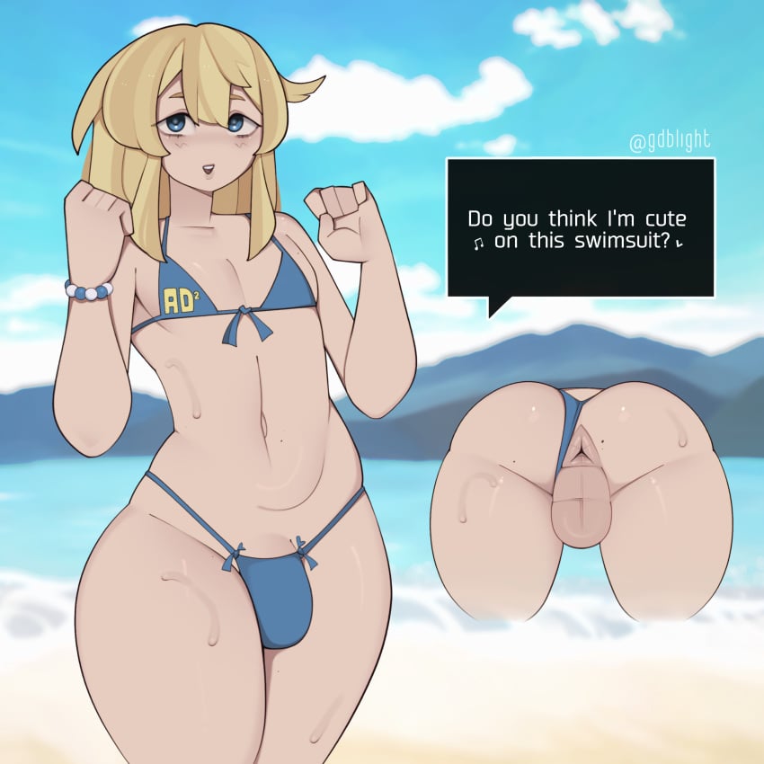 1boy 1femboy anus anus_peek ass balls beach belly belly_button bikini blonde_hair blue_eyes bridget bulge bulge_through_clothing crossdressing femboy feminine_male gdblight guilty_gear guilty_gear_strive light-skinned_male otoko_no_ko perineum sweat swimsuit text_bubble trap