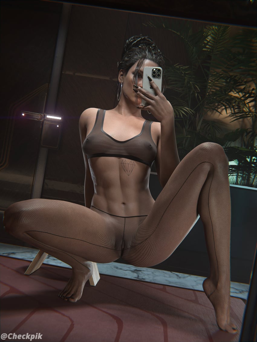 1girls 3d 3d_(artwork) abs areolae breasts brown_hair cd_projekt_red checkpik cyberpunk_(series) cyberpunk_2077 detailed_background female female_focus female_only fishnet_legwear fishnets hi_res high_resolution highres hoop_earrings long_nails nipple_piercing nipples nipples_visible_through_clothing panam_palmer pierced_nipples piercing pussy see-through smartphone solo solo_female solo_focus tattoo