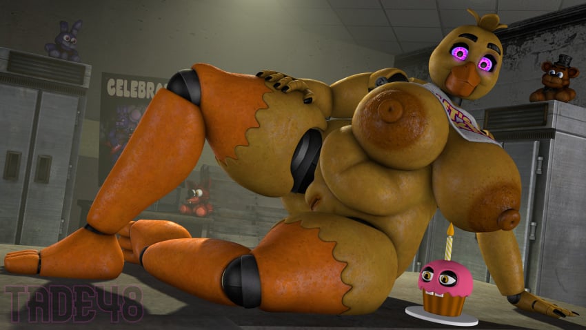 3_toes 3d 5_fingers absurd_res animatronic anthro avian avian_feet beak belly big_breasts big_nipples bird black_eyebrows breasts chica_(fnaf) chica_(octal) chicken classic_chica_(fnaf) closet cupcake_(fnaf) duo eyebrows feet female fingers five_nights_at_freddy's furniture galliform gallus_(genus) genitals happy hi_res inside looking_at_viewer machine nipples non-mammal_nipples orange_beak orange_nipples orange_pussy overweight overweight_anthro overweight_female pallet phasianid pink_eyes poster pussy robot table tade48 teeth toes yellow_body