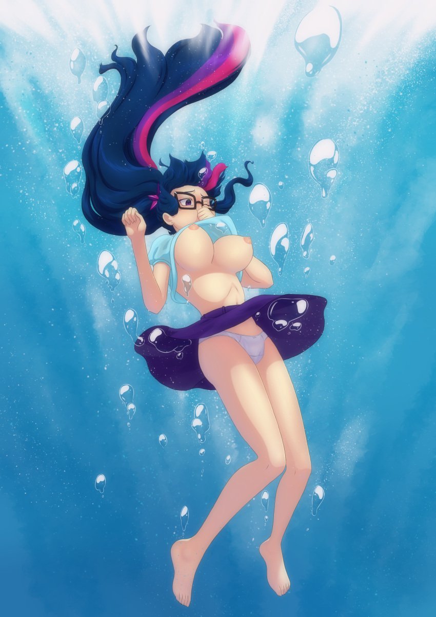 1girls air_bubbles alternate_species barefoot breasts bubbles equestria_girls feet female friendship_is_magic glasses hasbro holding_breath huge_breasts human humanized my_little_pony navel nekomom nipples no_bra one_eye_closed panties puffed_cheeks shirt shirt_up skirt skirt_up solo twilight_sparkle_(mlp) underwater underwear upskirt water white_panties white_underwear