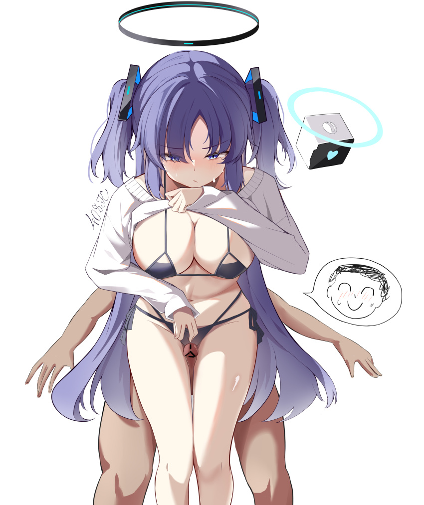 1boy 40-sk_mod.94 absurdres artist_name between_thighs bikini black_bikini blue_archive blue_eyes blue_hair blush breasts closed_mouth clothes_lift doodle_sensei_(blue_archive) feet_out_of_frame female halo highres large_breasts lifting_own_clothes long_hair looking_at_penis looking_down mechanical_halo mixed-language_commentary multi-strapped_bikini_bottom penis sensei_(blue_archive) simple_background sitting skirt skirt_lift spoken_character sweat swimsuit two_side_up variant_set white_background yuuka_(blue_archive)