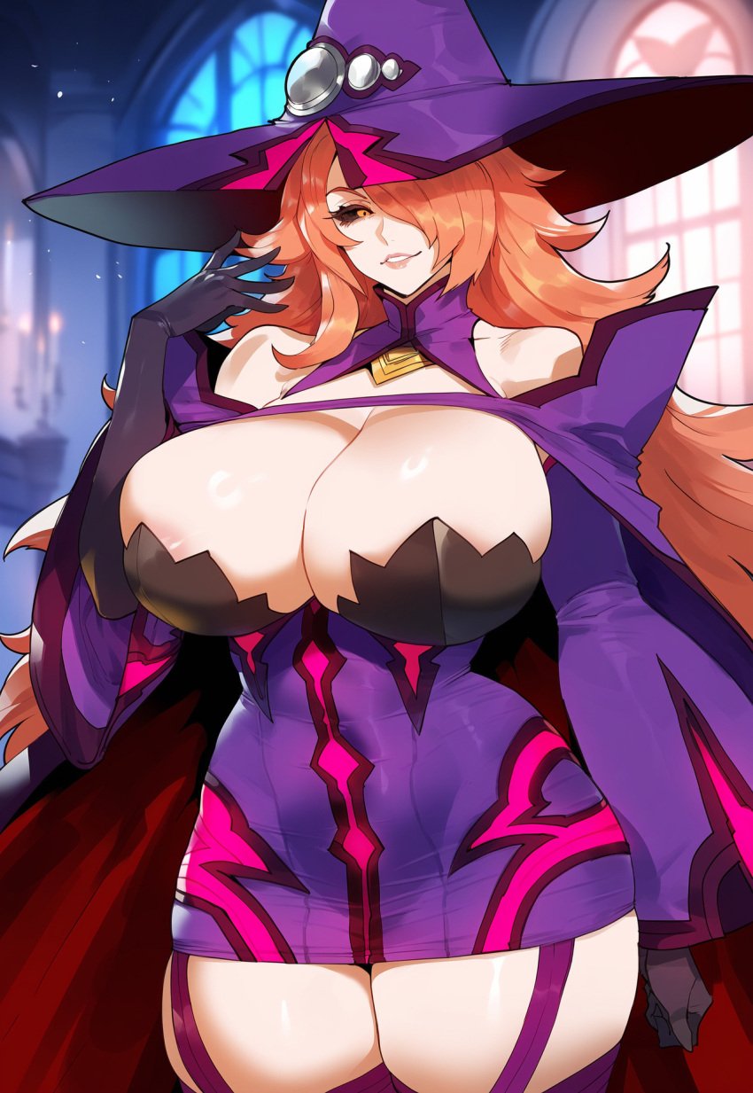 ai_generated black_sclera blazblue cleavage creamy_ai curvy huge_breasts konoe_a_mercury long_hair nine_the_phantom pink_hair thick_thighs wide_hips witch witch_hat yellow_eyes