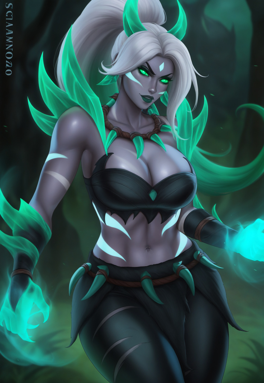 1female 1girl 1girls abs ai_generated boob_focus breast_focus bust_focus chest_focus ear_piercing ear_piercings ear_ring ear_rings earring earrings female female_abs female_focus forehead_gem forehead_jewel gem_on_forehead glowing glowing_eyes glowing_hands green_eyes green_eyes_female hi_res high_res high_resolution highres horns horns_girl jewel_on_forehead league_of_legends long_hair long_hair_female looking_at_viewer nidalee ponytail ponytail_female riot_games ruined ruined_nidalee shiny_breasts shiny_skin skimpy skimpy_clothes skimpy_outfit smile smiling smiling_at_viewer solo solo_female solo_focus the_ruined_king_saga thedivergence1997 tribal_markings tribal_tattoo tribal_tattoos white_hair white_hair_female