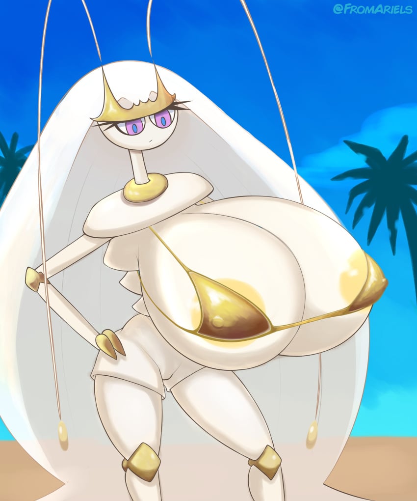 beach bikini bikini_top breasts_bigger_than_head female female_only fromariels huge_breasts nintendo pheromosa pokemon pokemon_(species)