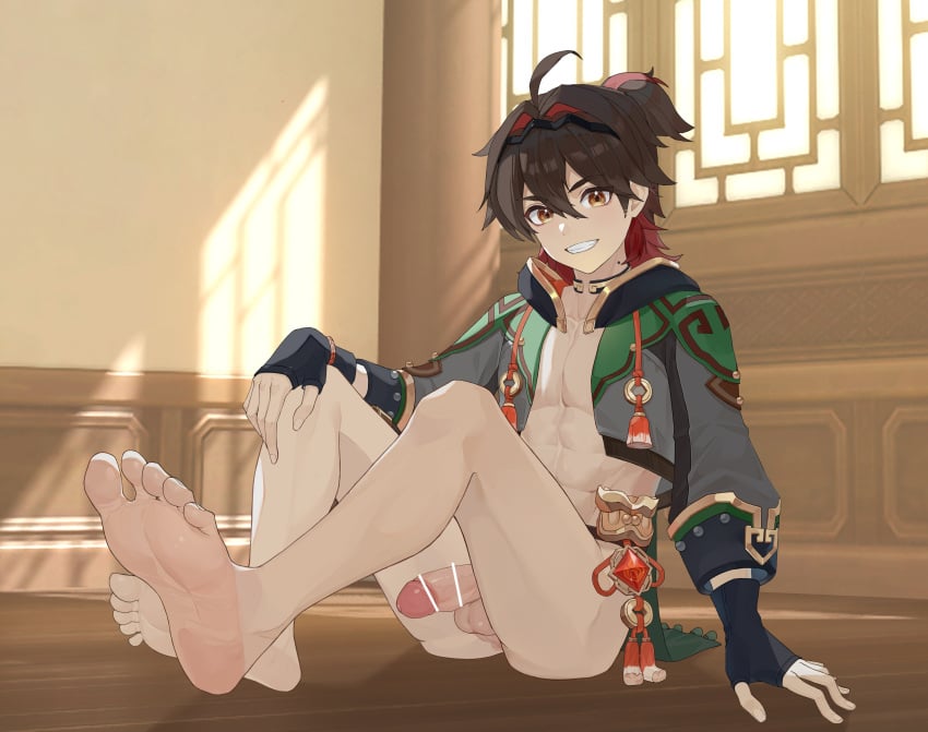 1boy absurdres bare_legs barefoot black_gloves black_hairband black_hoodie brown_eyes brown_hair censored chinese_clothes fingerless_gloves gaming_(genshin_impact) genshin_impact gloves grey_hood hair_between_eyes hairband highres hood hooded_jacket hoodie jacket long_sleeves looking_at_viewer male_focus multicolored_hair muscular muscular_male nude penis q_molu red_hair solo solo_male tassel teeth vision_(genshin_impact)