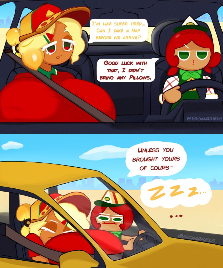 breasts_bigger_than_head car car_interior clothed cookie_run driving female female_only fromariels huge_breasts in_car nipples_visible_through_clothing no_bra pizza_cookie pizza_delivery pizza_delivery_girl pizza_girl sandwich_cookie steering_wheel