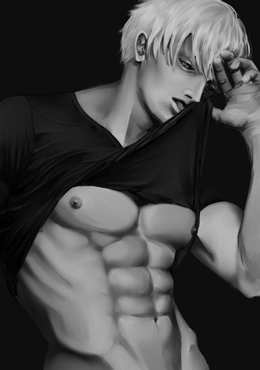 1boy jojo's_bizarre_adventure male male_nipples male_only monochrome muscular_male pecs risotto_nero shirt_pull shirt_pulled_up tongue_out vento_aureo