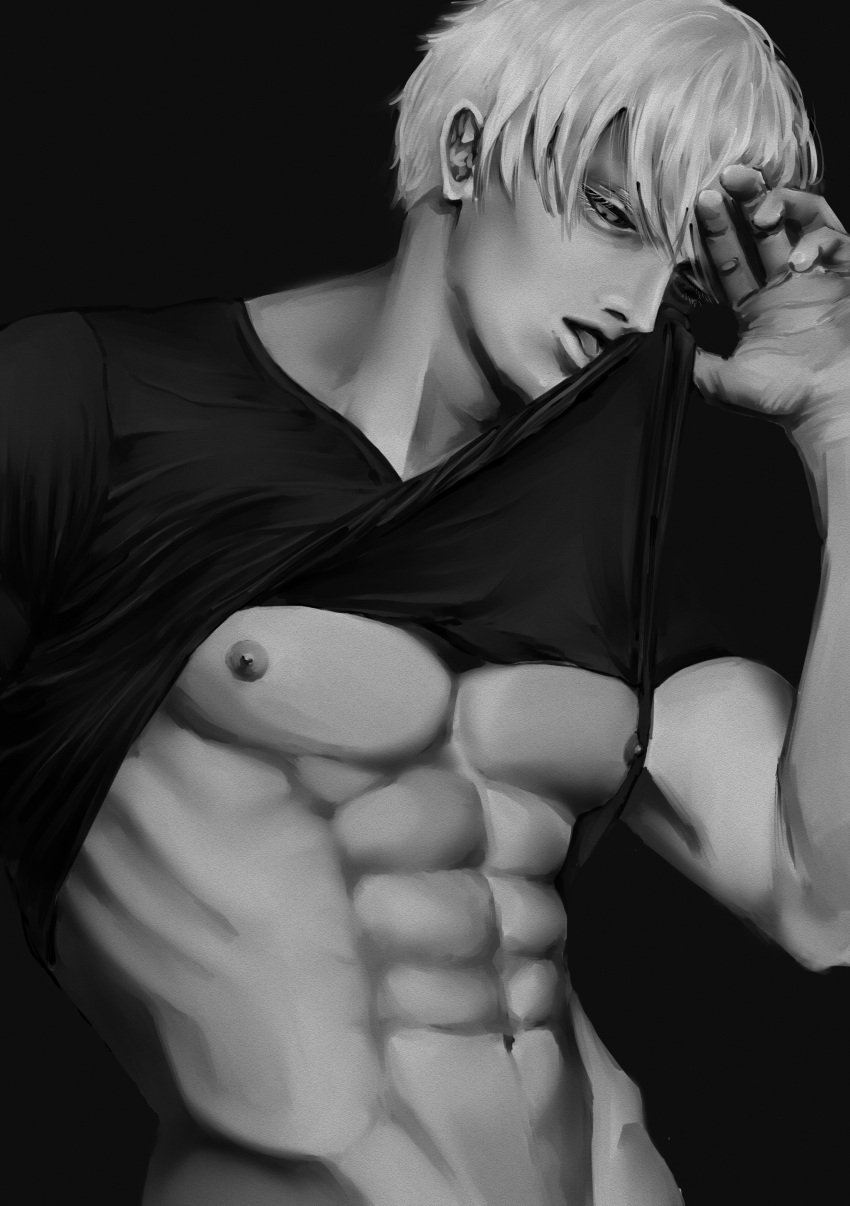 1boy jojo&#039;s_bizarre_adventure male male_nipples male_only monochrome muscular_male pecs risotto_nero shirt_pull shirt_pulled_up tongue_out vento_aureo