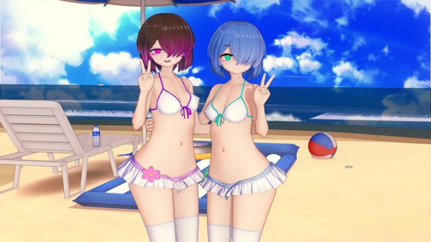 amber_lightvale beach beach_ball beach_umbrella bete_noire blue_hair bra breasts brown_hair closed_mouth_smile cloud female female_focus glitchtale green_eyes hair_covering_eye koikatsu open_mouth_smile pink_eyes pink_hair sea short_hair skirt sky small_skirt smiling thighhighs water white_bra white_skirt white_thighhighs