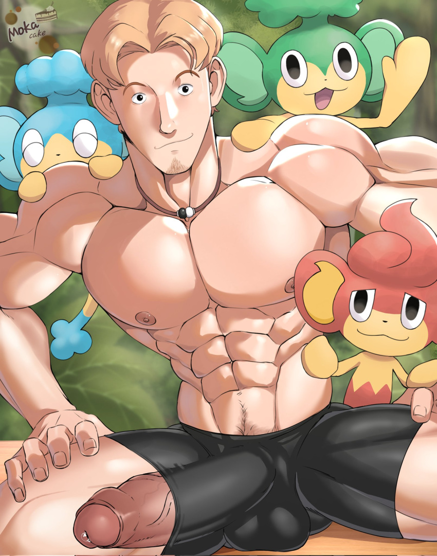 1boy abs balls_under_clothes bara biceps big_bulge big_penis bulge bulge_through_clothing erection erection_under_clothes huge_bulge male male_nipples male_only mokacake muscular_male nintendo nipples pecs penis penis_outline penis_under_clothes pokemon pokemon_concierge tyler_(pokemon_concierge)