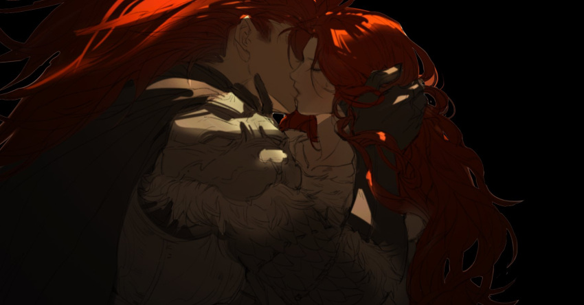 1boy1girl armor black_background black_gloves brother_and_sister cape closed_eyes demigod demigoddess elden_ring female fromsoftware gloves incest kissing light-skinned_female light-skinned_male long_hair long_sleeves love male malenia_blade_of_miquella red_hair romantic shadderfans shiny_skin simple_background starscourge_radahn very_long_hair