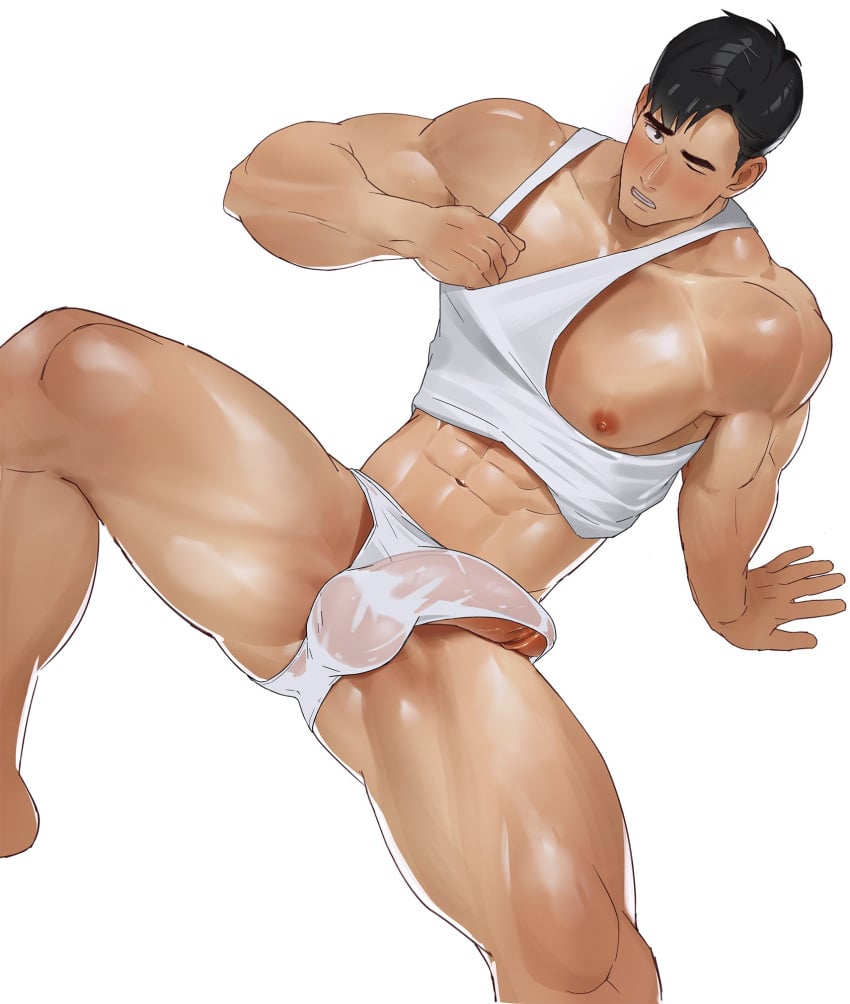 abs balls_under_clothes bara biceps big_bulge big_penis blush bulge bulge_through_clothing erection erection_under_clothes male male_nipples male_only muscular_male naoki_(xhju8282) nipples pecs penis penis_outline penis_under_clothes underwear