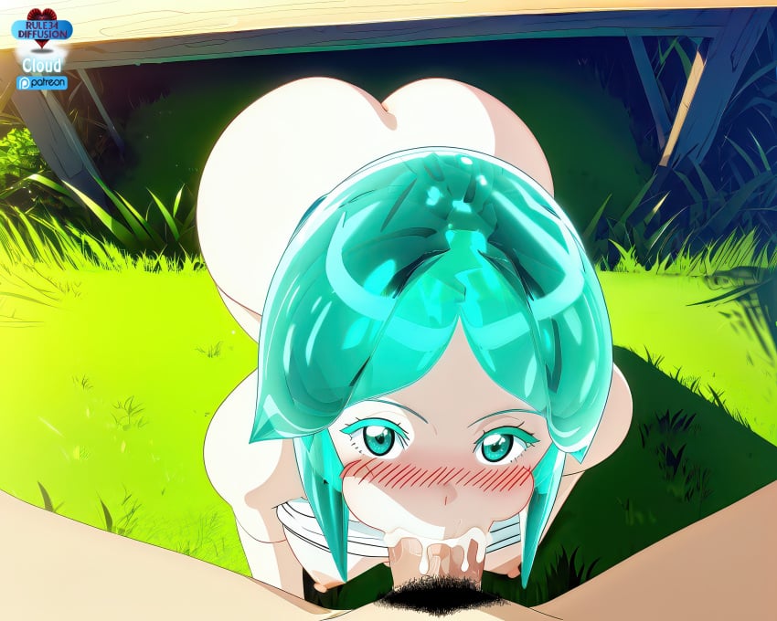 ai_generated blowjob butt_view cum cum_in_mouth cum_inside green_eyes green_hair houseki_no_kuni land_of_the_lustrous phosphophyllite pubic_hair shy sucking sucking_penis swallowing swallowing_cum