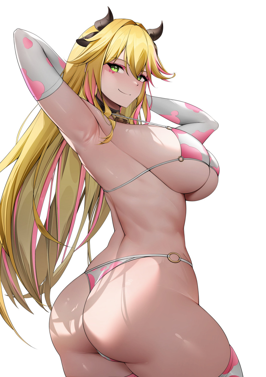 1girls bikini blonde_hair breasts cow_horns cow_print cow_print_bikini croenji female female_only green_eyes huge_breasts light-skinned_female light_skin lulu_lasso nexas_live simple_background smile solo virtual_youtuber white_background