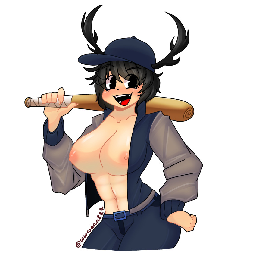 1girls areolae baseball_bat breasts clothed commission letterman_jacket minstlu minstlu_oc nipples no_bra open_jacket pants roblox roblox_avatar robloxian smile source_request tagme wwwwwaaaahhhh