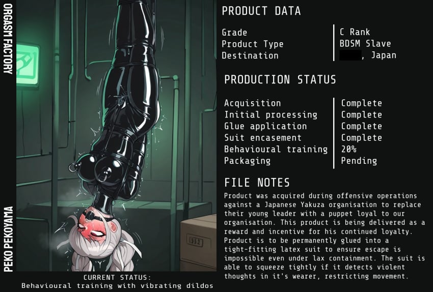 1girls ai_generated armbinder black_latex bondage caption danganronpa danganronpa_2:_goodbye_despair dehumanization english english_text factory female femsub gag gimp_suit glue grey_hair hanging_upside_down latex latex_clothing latex_suit monoglove objectification orgasm_factory pekoyama_peko peril product red_face restrained ring_gag self_upload sex_slave slave solo sweat tight_clothes upside-down vaginal_insertion vaginal_penetration women_livestock