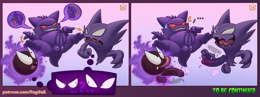 2020 absurd_res balls barefoot erection feet foreskin gastly generation_1_pokemon gengar genitals group haunter hi_res humanoid male male/male nintendo not_furry open_mouth open_smile penis pokemon pokemon_(species) puggy purple_body question_mark red_eyes simple_background smile soles text tongue tongue_out trio