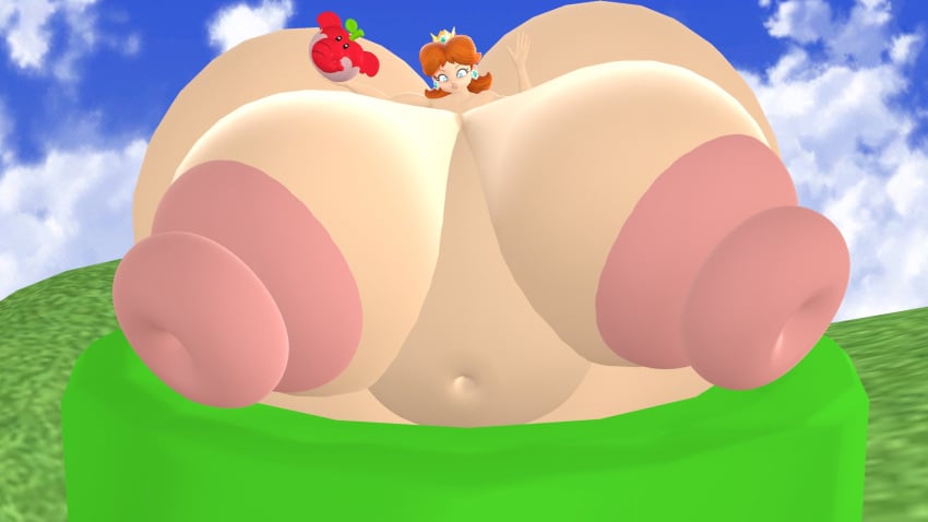 3d 3d_(artwork) 3d_model big_breasts big_nipples blue_eyes brown_hair crown elephant_fruit fat female female_focus grass heckburst huge_ass huge_breasts huge_nipples huge_thighs hyper_ass hyper_breasts hyper_nipples mario_(series) obese obese_female pipe princess_daisy sky stuck_in_object stuck_in_pipe stuck_in_warp_pipe super_mario_bros._wonder warp_pipe