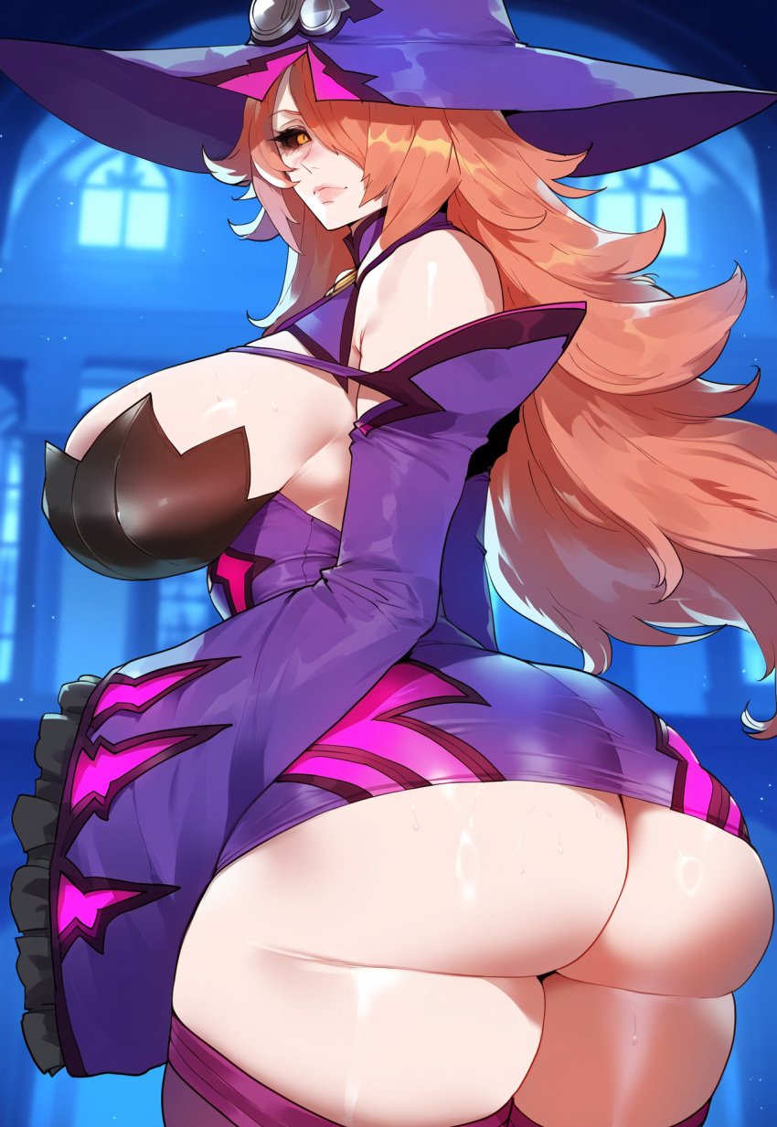 ai_generated ass ass_focus black_sclera blazblue creamy_ai curvy dat_ass fat_ass huge_ass huge_breasts konoe_a_mercury long_hair nine_the_phantom pink_hair thick_thighs wide_hips witch witch_hat yellow_eyes