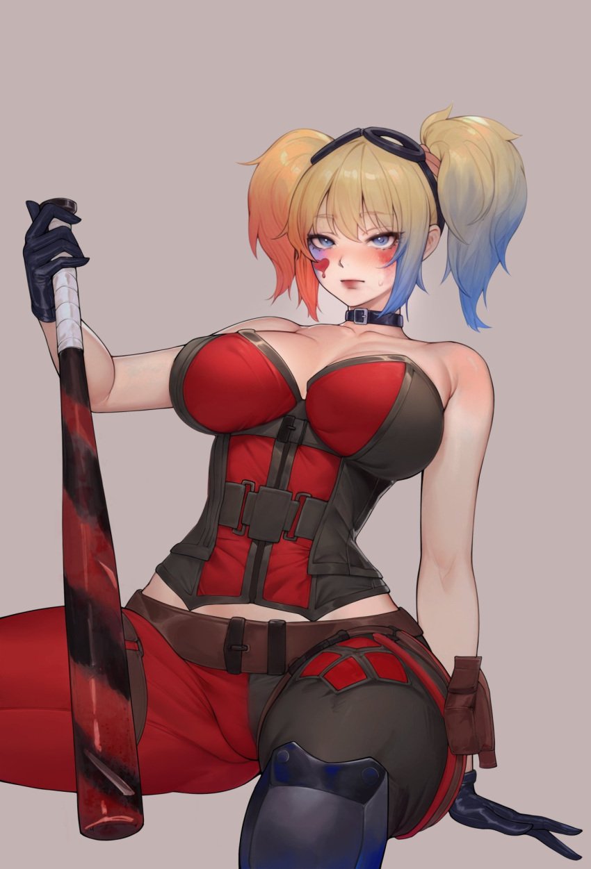 1girls 2020s 2024 2d 2d_(artwork) 2d_artwork 5_fingers anime anime_style background baseball_bat belly belt belt_buckle big_breasts big_breasts big_breasts blonde_female blonde_hair blonde_hair blonde_hair blue_eyes bread_and_butter breasts breasts breasts caucasian caucasian_female cleavage closed_mouth clothed clothed_female clothes clothing clown collar color colored cropped cropped_legs curvy curvy_body curvy_female curvy_figure curvy_thighs dc digital_drawing_(artwork) ear ears_up eyelashes eyes eyes_open fanart female female female_focus female_human female_only fingers glasses_on_head glove gloved_hands gloves hair harley_quinn harley_quinn_(suicide_squad_isekai) heart heart_tattoo hips hourglass_figure human human_female human_only humanoid laying laying_down light-skinned light-skinned_female light_body light_skin lips lipstick looking_at_viewer lying lying_down mammal mammal_humanoid mouth mouth_closed multicolored_hair neck no_bra no_bra_under_clothes no_dialogue no_text pants partially_clothed partially_clothed_female pointy_chin ponytail ponytails simple_background sitting sitting_down slim slim_girl solo solo_focus suicide_squad suicide_squad_isekai textless thick_thighs thighs tight_clothes tight_clothing tight_dress tight_fit tight_pants wide_thighs yellow_hair