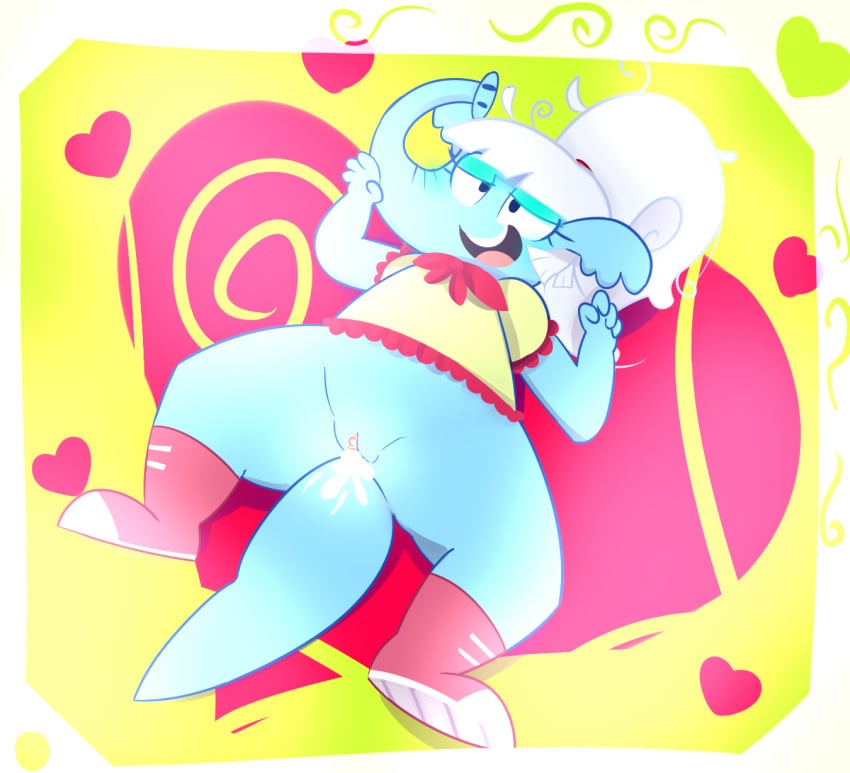 anthro big_sue blue_skin bottomless bow character_request clitoris clothed clothing cross-eyed cum cum_in_pussy cum_inside cum_on_tail doodlebops elephant eyelashes female flat_chested footwear hair half-closed_eyes half-dressed heart hi_res lying mammal on_back open_mouth overweight pussy ruffles shirt shoes smile solo spread_legs spreading tail_between_legs teeth thegalen tongue trunk white_hair