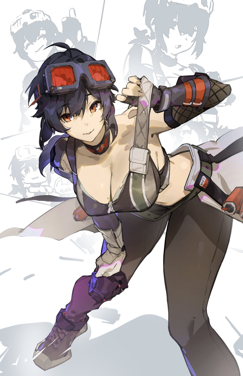 big_breasts black_hair cleavage crop_top engineer female female_focus fishnets goggles grace_howard hanging_breasts hoyoverse kunomd large_boobs large_breasts leggings midriff red_eyes sole_female thick_thighs zenless_zone_zero