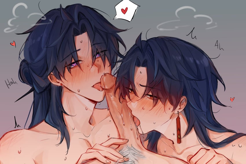 2boys 3boys black_hair blade_(honkai:_star_rail) honkai:_star_rail jing_yuan licking_penis male_only pale_skin penis rin65303010 sweating tagme white_pubes yaoi