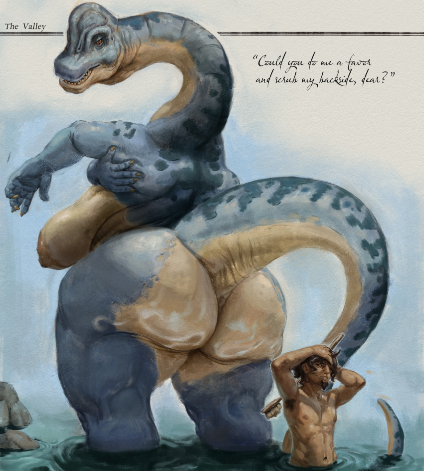 absurd_res anthro ass bathing big_butt brachiosaurid brachiosaurus breana_(upai) breasts cellulite dinosaur duo extreme_size_difference female grey_body grey_scales hi_res huge_butt human human_on_anthro interspecies larger_anthro larger_female long_neck male mammal nipples non-mammal_breasts non-mammal_nipples nude obese obese_anthro obese_female overweight overweight_anthro overweight_female partially_submerged personal_grooming prehistoric_species rear_view reptile sauropod sauropodomorph scales scalie size_difference smaller_human smaller_male standing_in_water tail thick_tail thick_thighs upai