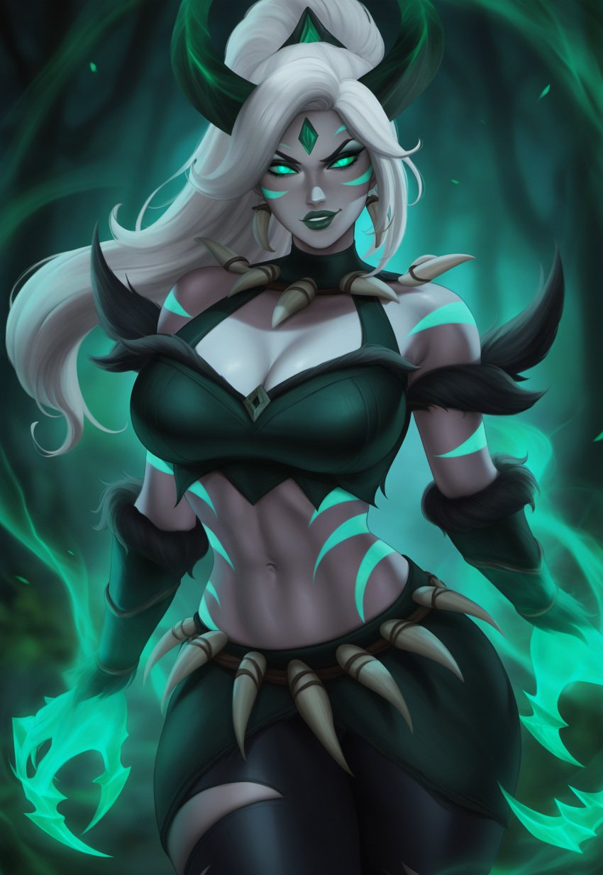 1female 1girls abs ai_generated boob_focus breast_focus bust_focus chest_focus ear_piercing ear_piercings ear_ring ear_rings earring earrings female female_abs female_focus forehead_gem forehead_jewel gem_on_forehead glowing glowing_eyes glowing_hands green_eyes green_eyes_female hi_res high_res high_resolution highres horns horns_girl jewel_on_forehead league_of_legends long_hair long_hair_female looking_at_viewer nidalee ponytail ponytail_female riot_games ruined ruined_nidalee shiny_breasts shiny_sking skimpy skimpy_clothes skimpy_outfit smile smiling smiling_at_viewer solo solo_female solo_focus the_ruined_king_saga thedivergence1997 tribal_markings tribal_tattoo tribal_tattoos white_hair white_hair_female