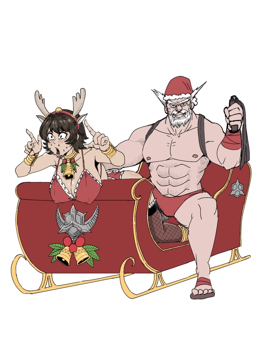 1boy 1girls age_difference ass beard bent_over big_breasts breasts christmas cleavage covered_nipples dark-skinned_female dark_skin duo escape1111 female femsub fishnets heihachi_mishima holding_whip imminent_spanking josie_rizal large_breasts maledom merry_christmas muscular muscular_male namco old_man red_underwear reindeer_antlers reindeer_costume sleigh straight tekken tekken_7 whip