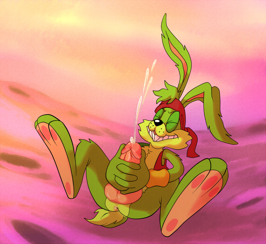 anthro anus ass balls bandana big_ears bottomless buckteeth chest_tuft closed_eyes clothed clothing cum cumshot dibs_(artist) erection floppy_ears fur green_fur grin hair_tuft half-dressed hi_res hindpaw humanoid_penis jazz_jackrabbit jazz_jackrabbit_(series) lagomorph male male_only mammal masturbation open_clothes open_shirt orgasm paws penis rabbit shirt solo spread_legs spreading teeth tuft wristband